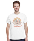 Tecknad enhörning med vingar på moln, regnbåge och texten "ALPHA MALE" på vit t-shirt.