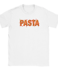 Minimalistisk vit t-shirt med en detaljrik och färgstark pasta-illustration