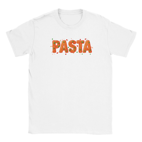 Minimalistisk vit t-shirt med en detaljrik och färgstark pasta-illustration