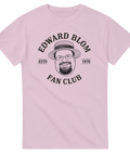 Edward Blom Fan Club-tryck med karikatyr av Edward Blom i stråhatt, på ljusrosa T-shirt.