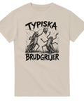 Svart humoristiskt tryck med syrsor på sandfärgad t-shirt
