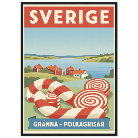 Retro poster med texten Gränna - Polkagrisar, röda stugor vid en sjö och stora röd-vita polkagrisar i förgrunden.