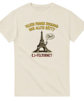 Tecknat motiv av en fransk byggnad med humoristisk text – grafisk t-shirt