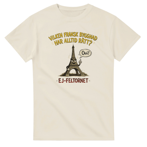 Tecknat motiv av en fransk byggnad med humoristisk text – grafisk t-shirt