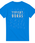 Självironiskt tryck med regnskurar och Borås-text på en klarblå t-shirt