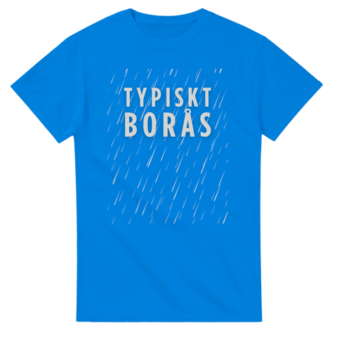 Självironiskt tryck med regnskurar och Borås-text på en klarblå t-shirt