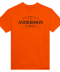 Satirisk illustration om efternamnet Andersson på en klarorange t-shirt