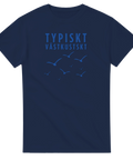 Typiskt Västkustskt" text med åtta blåa flygande måsar på marinblå t-shirt.