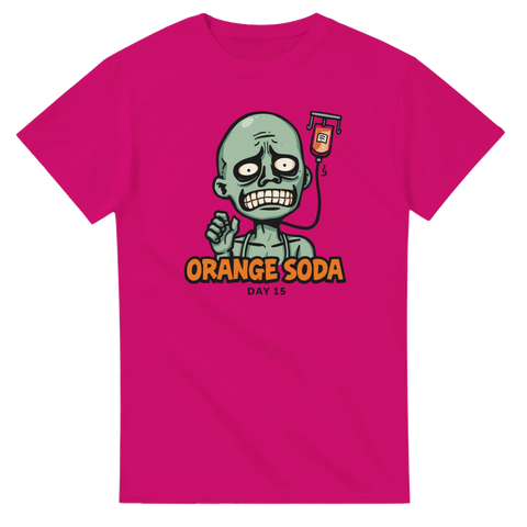 Mörk internetmyt som cartoon-tryck med texten Day 15 – cerise t-shirt