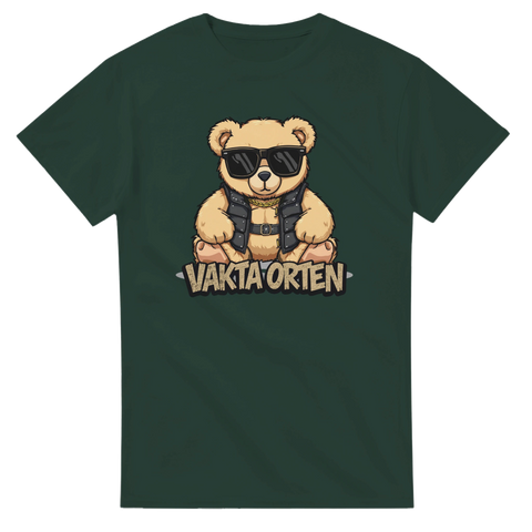 Grafisk design av vaktande teddybjörn – t-shirt med orten-tema och humoristisk ton