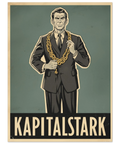 Illustration av en man i mörk kostym med grova guldkedjor runt halsen och texten Kapitalstark nertill.