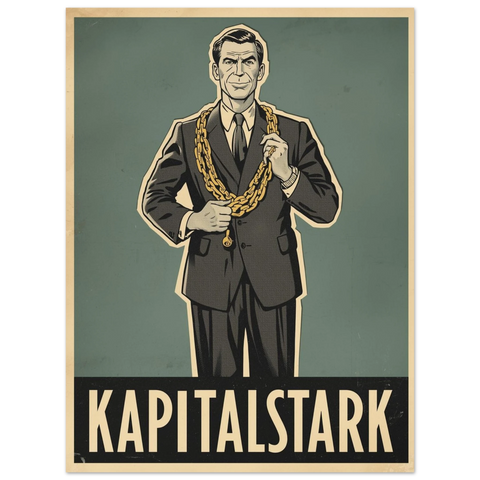 Illustration av en man i mörk kostym med grova guldkedjor runt halsen och texten Kapitalstark nertill.