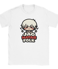 Arg anime-karaktär med texten "Jag hatar folk" på vit t-shirt.