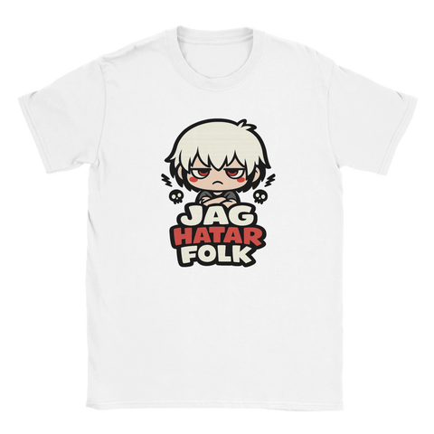 Arg anime-karaktär med texten "Jag hatar folk" på vit t-shirt.