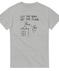 Stilren illustration av fallande streckgubbe på gråmelerad t-shirt