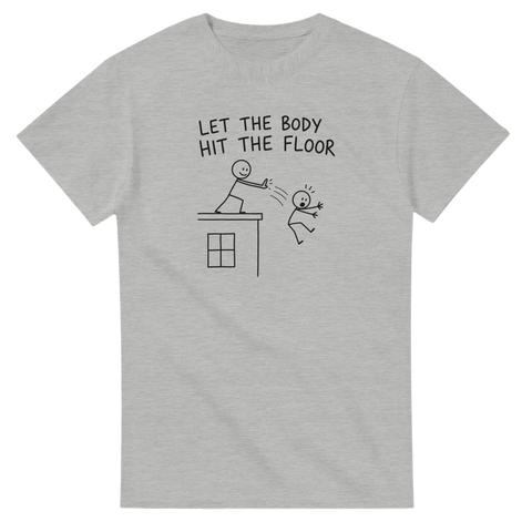 Stilren illustration av fallande streckgubbe på gråmelerad t-shirt