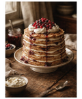 Närbild på en saftig pannkakstårta med rinnande bärsylt och vispgrädde i mjukt naturligt fönsterljus.