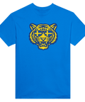 Svensk tiger med solglasögon i gult och blått på en kungsblå t-shirt.