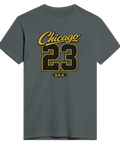 Grå t-shirt med guldgul Chicago 23 varsity-text och USA-logotyp