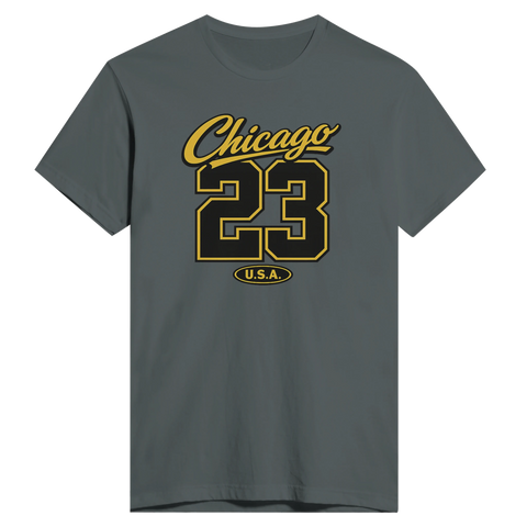 Grå t-shirt med guldgul Chicago 23 varsity-text och USA-logotyp