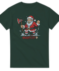Blodig, galen jultomte med yxa och text "Naughty List" på mörkgrön t-shirt.