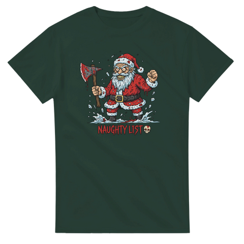 Blodig, galen jultomte med yxa och text "Naughty List" på mörkgrön t-shirt.