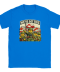 Blå t-shirt med ironiskt budskap och grafisk illustration av små arméfigurer