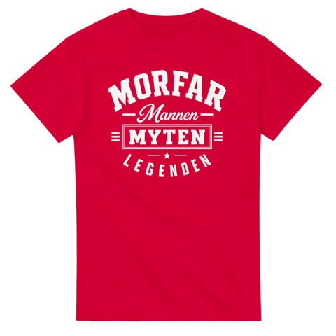 Stilrent vitt tryck med texten Morfar på röd t-shirt
