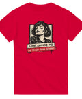 Röd t-shirt med kvinnoporträtt och texten ”Livet gav mig rep. Jag hängde deras drömmar.”