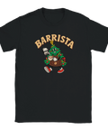 Svart t-shirt med en kaffeserverande julgran och texten ”Barrista”.