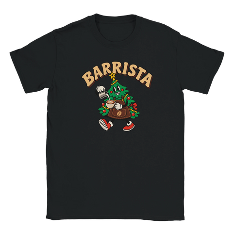 Svart t-shirt med en kaffeserverande julgran och texten ”Barrista”.