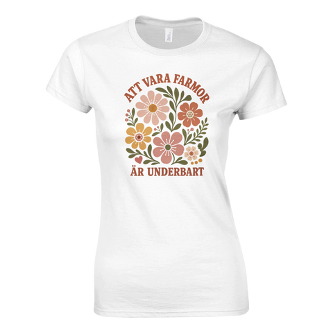 Blommig retrodesign med texten Att vara farmor är underbart