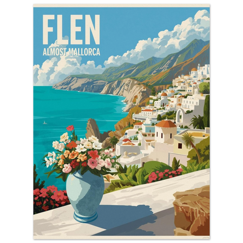Retro reseaffisch med texten Flen Almost Mallorca föreställande en medelhavskust med vita hus, blått hav och blommor.