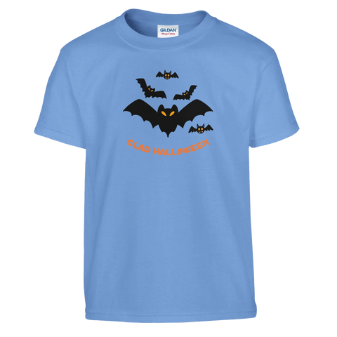 Ljusblå barn-t-shirt med orange Glad Halloween-text och svarta fladdermusmotiv