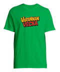 Varannan Vecka" text i serie-stil på grön t-shirt, retrodesign.