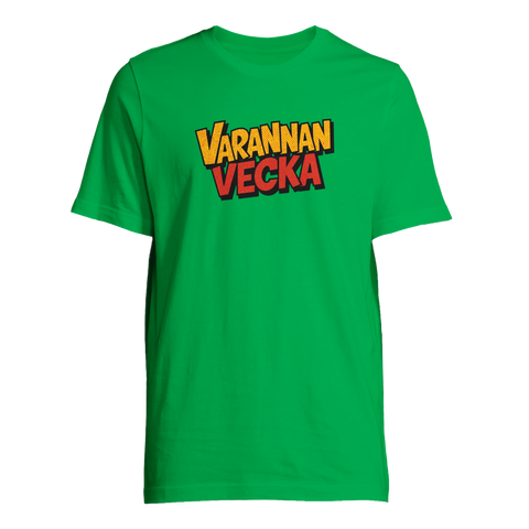 Varannan Vecka" text i serie-stil på grön t-shirt, retrodesign.