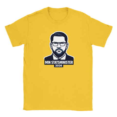 Gul t-shirt med statement-design föreställande Jimmie Åkesson inför valet 2026
