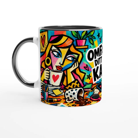 Mugg med texten Omfamna ditt inre kaos och färgglada illustrationer.