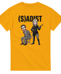 Grafisk illustration med (S)adist text och politiska ledare på gul t-shirt