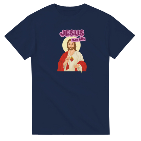 Marinblå t-shirt med färgstarkt och respektlöst grafiskt motiv