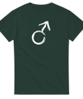 Mörkgrön t-shirt med vitmålad maskulinistisk symbol i grov stil