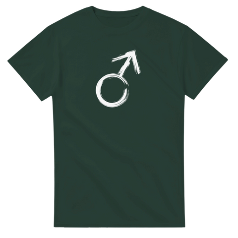 Mörkgrön t-shirt med vitmålad maskulinistisk symbol i grov stil