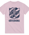 Kaxigt grafiskt tryck av Göteborgs lejon i dödskalle-version på rosa t-shirt