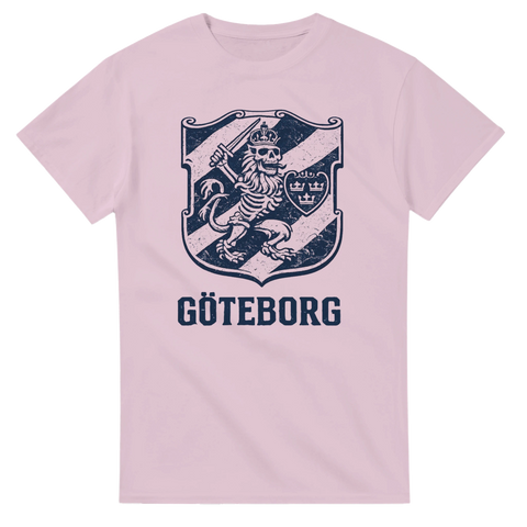Kaxigt grafiskt tryck av Göteborgs lejon i dödskalle-version på rosa t-shirt