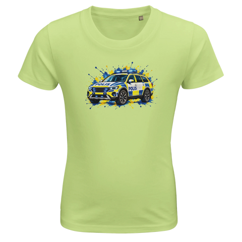 Ljusgrön barn-t-shirt med en svensk polisbil och färgstänk