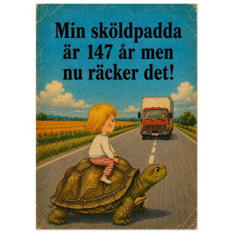 Nostalgisk barnboksstil med sköldpadda på landsväg – grafiskt tryck