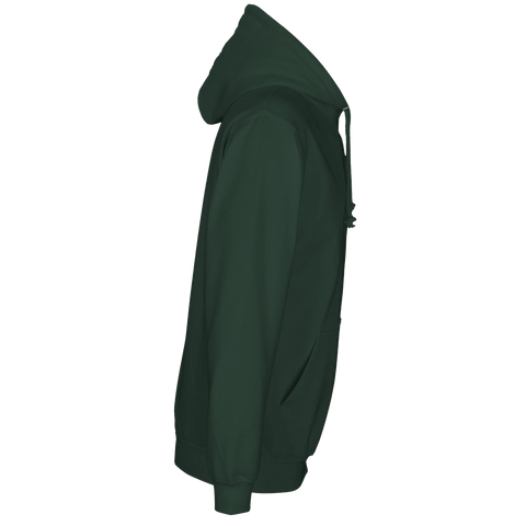 Ensfärgad mörkgrön hoodie, sidovy, med dragsko och magficka.