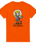 Creepy flicka med motorsåg och svart katt – orange t-shirt med tryck