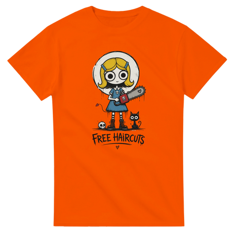 Creepy flicka med motorsåg och svart katt – orange t-shirt med tryck