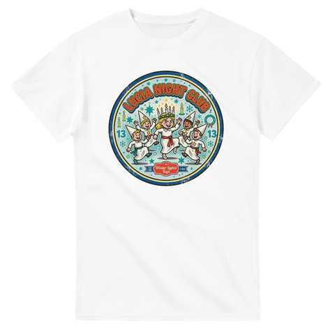 Retro illustration av dansande luciatåg i cirkelformat – vit Lucia t-shirt